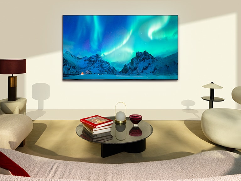LG OLED TV in a modern living space in daytime. The screen image of the aurora borealis is displayed with the ideal brightness levels.