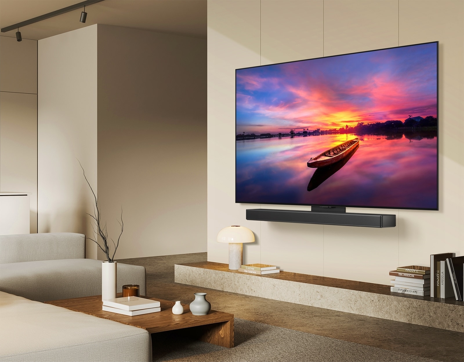 LG OLED TV, OLED C4 facing 45 degrees to the left displaying a beautiful sunset with a boat on a lake, as TV is attached to an LG Soundbar via the Synergy bracket in a minimalist living space.