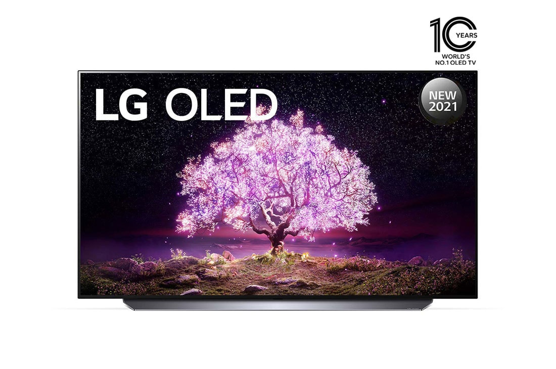 LG OLED TV 48 Inch C1 Series Cinema Screen Design 4K Cinema HDR webOS Smart with ThinQ AI Pixel Dimming, front view, OLED48C1PVB