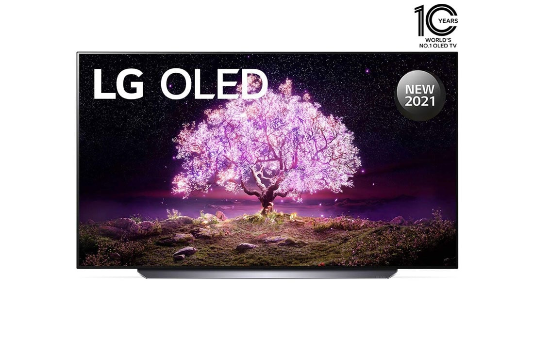LG OLED TV 77 Inch C1 Series Cinema Screen Design 4K Cinema HDR webOS Smart with ThinQ AI Pixel Dimming, front view, OLED77C1PVB