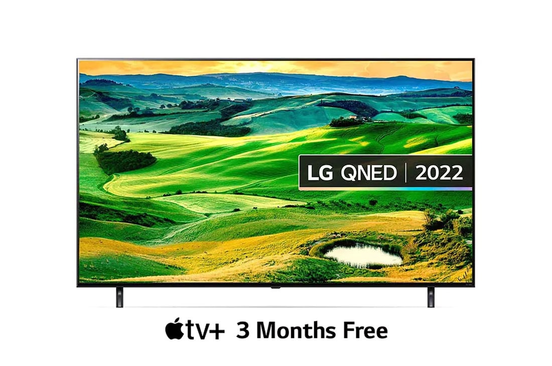 LG QNED 65 Inch TV, Magic remote, HDR, WebOS, 4K Active HDR Cinema Screen Design from QNED80 Series, A front view of the LG QNED TV with infill image and product logo on, 65QNED806QA