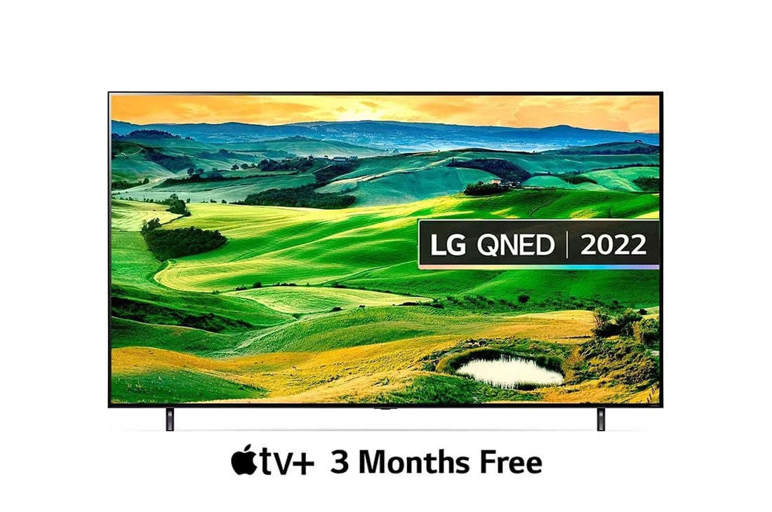 LG QNED 86 Inch TV, Magic remote, HDR, WebOS, 4K Active HDR Cinema Screen Design from QNED80 Series, A front view of the LG QNED TV with infill image and product logo on, 86QNED806QA