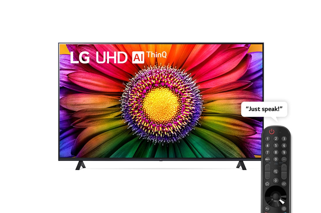 LG UHD UR80 75 inch 4K Smart TV with Magic remote, HDR, WebOS, 2023, A front view of the LG UHD TV With Remote, 75UR80006LJ