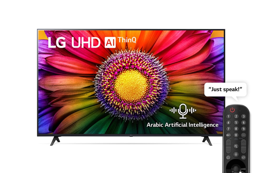 LG 2023 LG UHD 65 inch 4K Smart TV, UR80 series, Magic remote, HDR, WebOS, A front view of the LG UHD TV With Remote, 65UR80006LJ