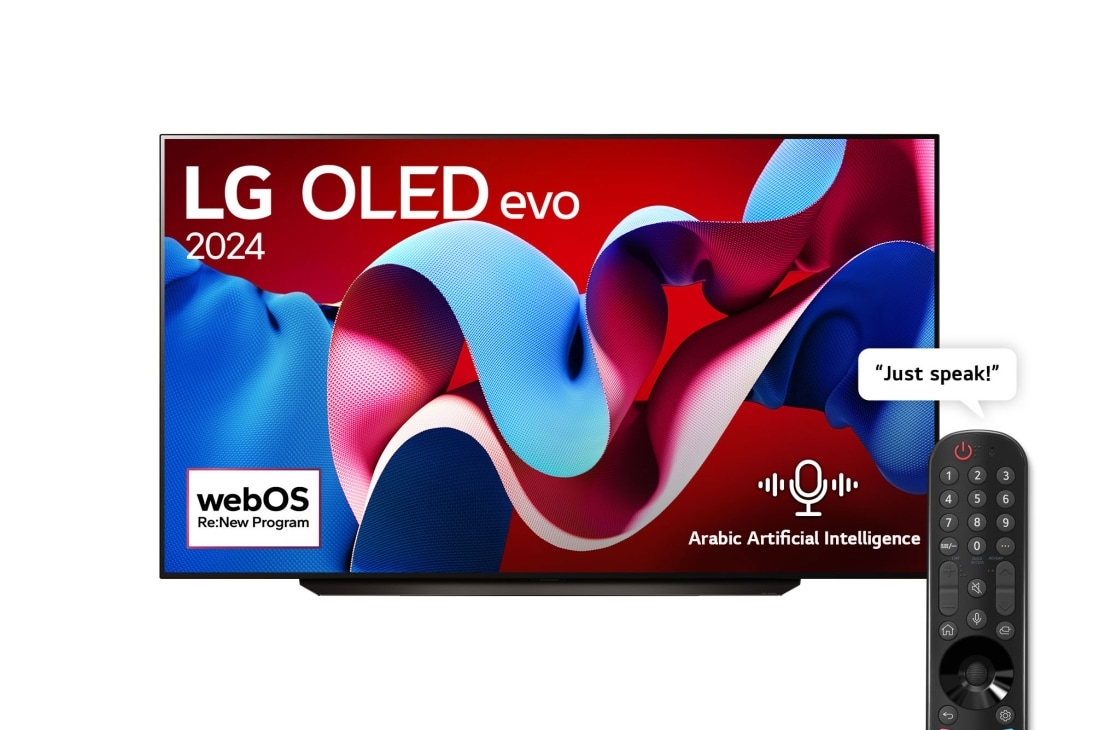 LG 83 Inch LG OLED evo C4 4K Smart TV AI Magic remote Dolby Vision webOS24 2024, Front view with LG OLED evo TV, OLED83C46LA