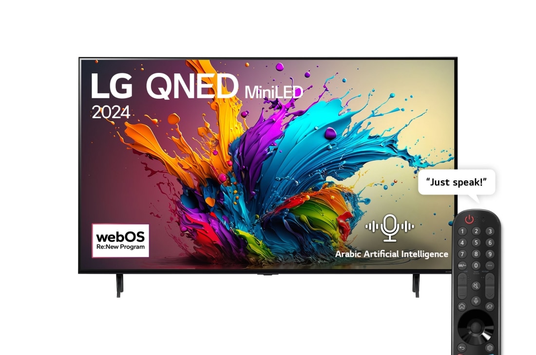 LG 65 Inch LG QNED MiniLED QNED90 4K Smart TV AI Magic remote HDR10 webOS24 2024, Front view, 65QNED90T6A