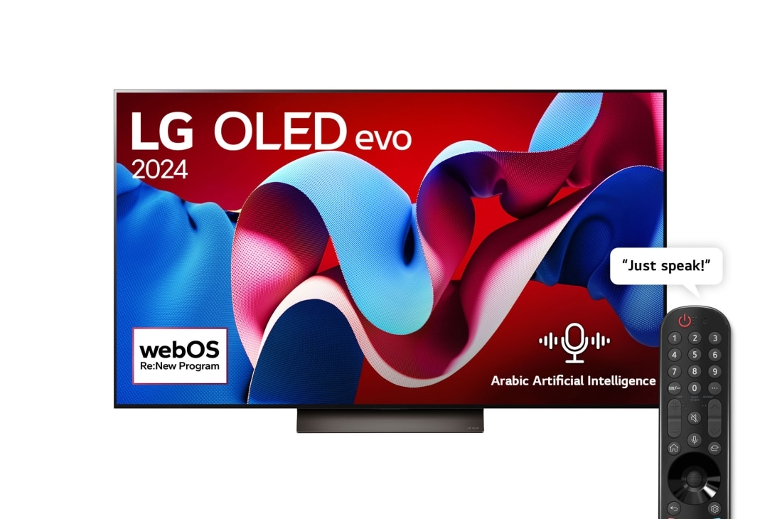 LG 55 Inch LG OLED evo C4 4K Smart TV AI Magic remote Dolby Vision webOS24 2024, Front view with LG OLED evo TV, OLED C4, OLED55C46LA