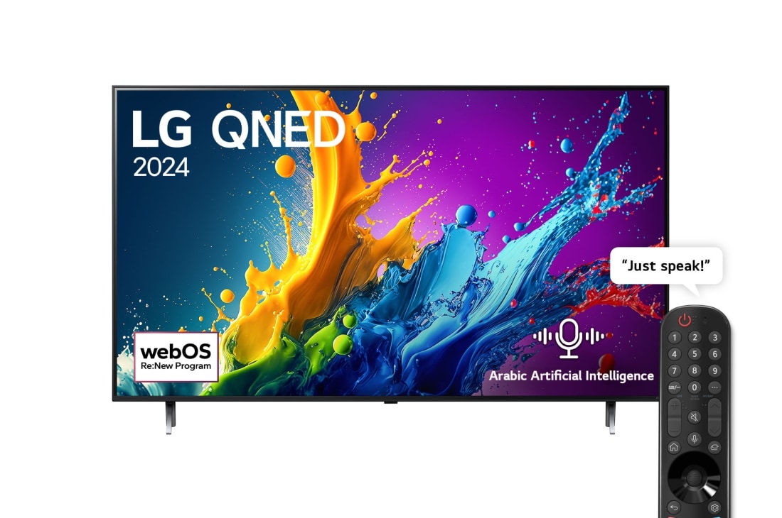 LG 86 Inch LG QNED QNED80 4K Smart TV AI Magic remote HDR10 webOS24 2024, Front view with inscreen of LG QNED TV, QNED80, 86QNED80T6B