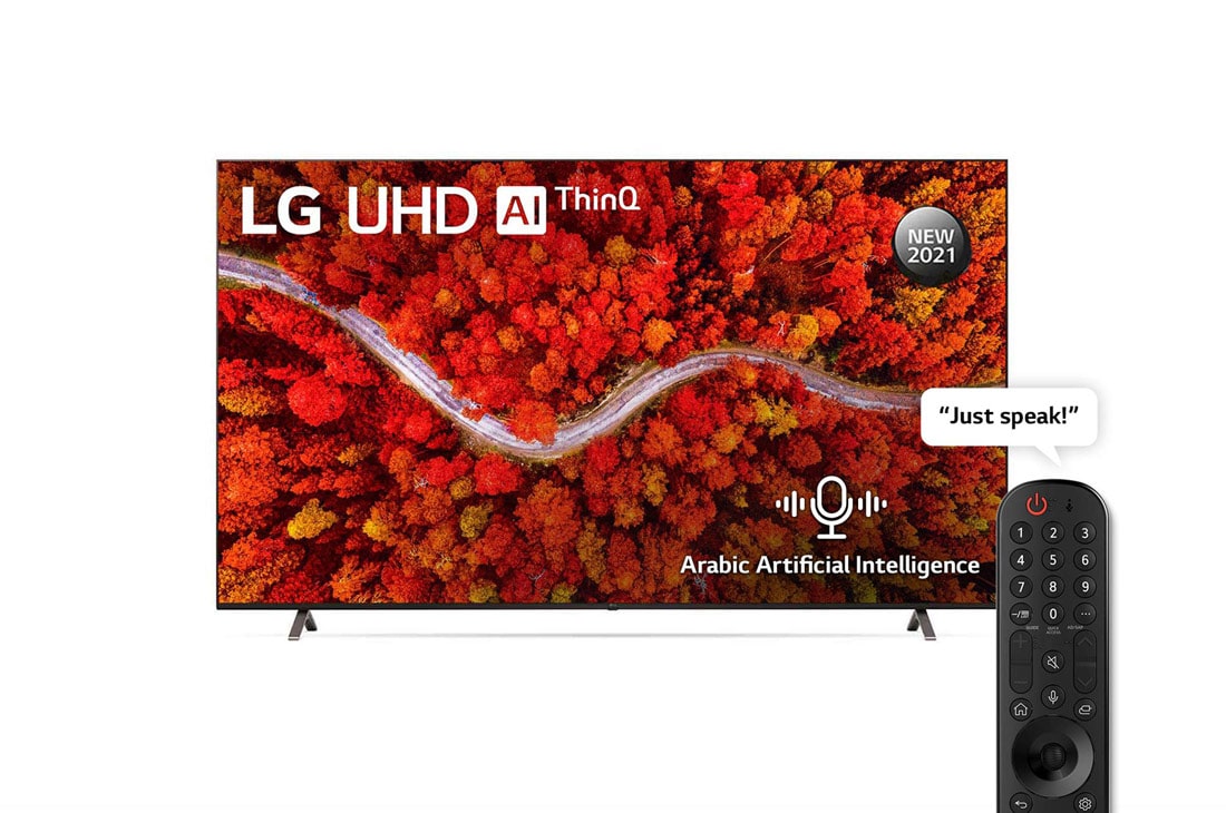 LG UHD 4K TV 86 Inch UP80 Series Cinema Screen Design 4K Cinema HDR webOS Smart with ThinQ AI, front view with infill image, 86UP8050PVB