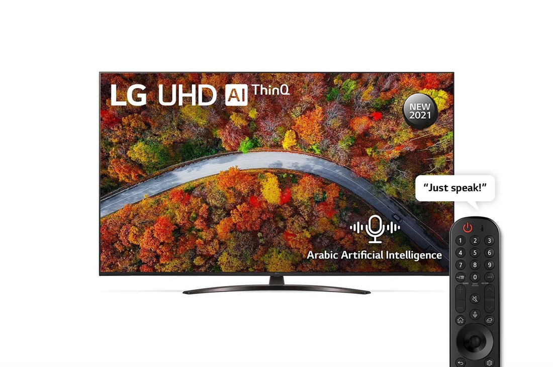 LG UHD 65 Inch UP81 Series Cinema Screen Design 4K Active HDR webOS Smart with ThinQ AI, front view with infill image, 65UP8150PVB