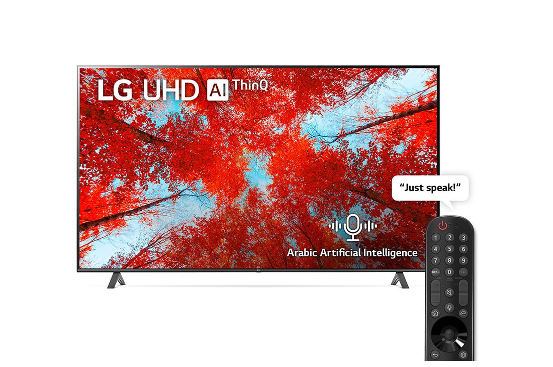 LG UHD 4K TV 86 Inch UQ90 Series, Cinema Screen Design 4K Active HDR webOS22 with ThinQ AI , A front view of the LG UHD TV with infill image and product logo on, 86UQ90006LC