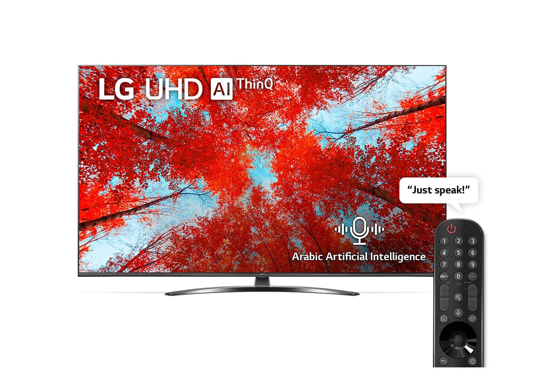 LG UHD 4K TV 65 Inch UQ9100 Series, Cinema Screen Design 4K Active HDR WebOS Smart AI ThinQ, A front view of the LG UHD TV with infill image and product logo on, 65UQ91006LC