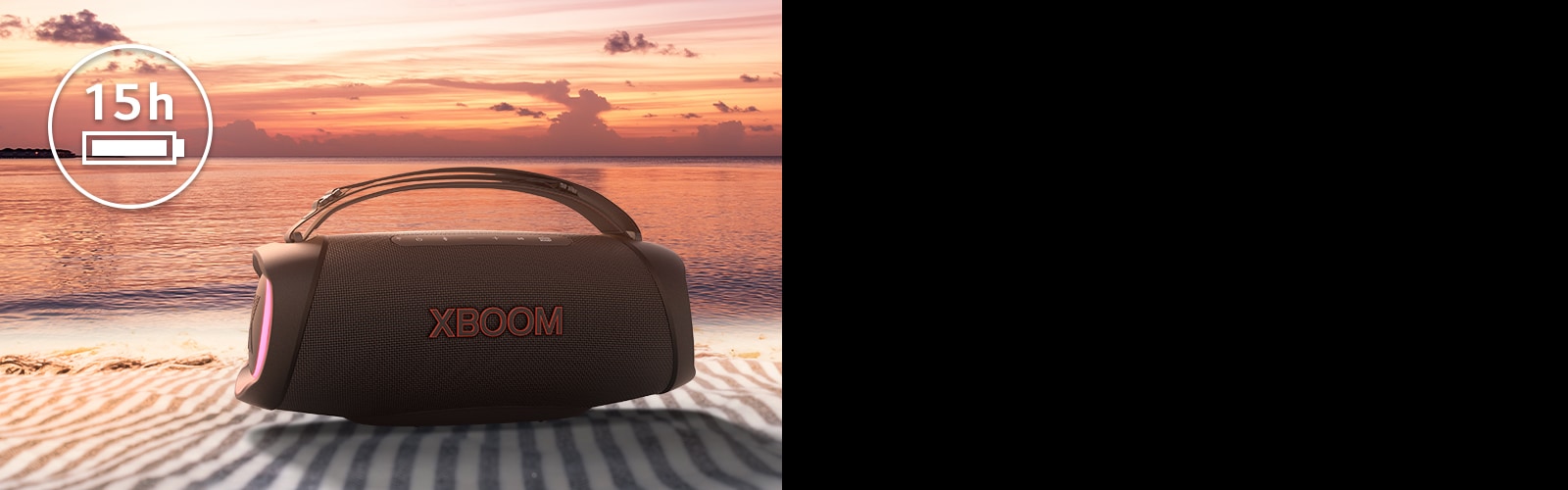 The speaker is placed on a beach towel. In front of the speaker, it shows sunset beach to illustrate that this speaker can be played longer time.