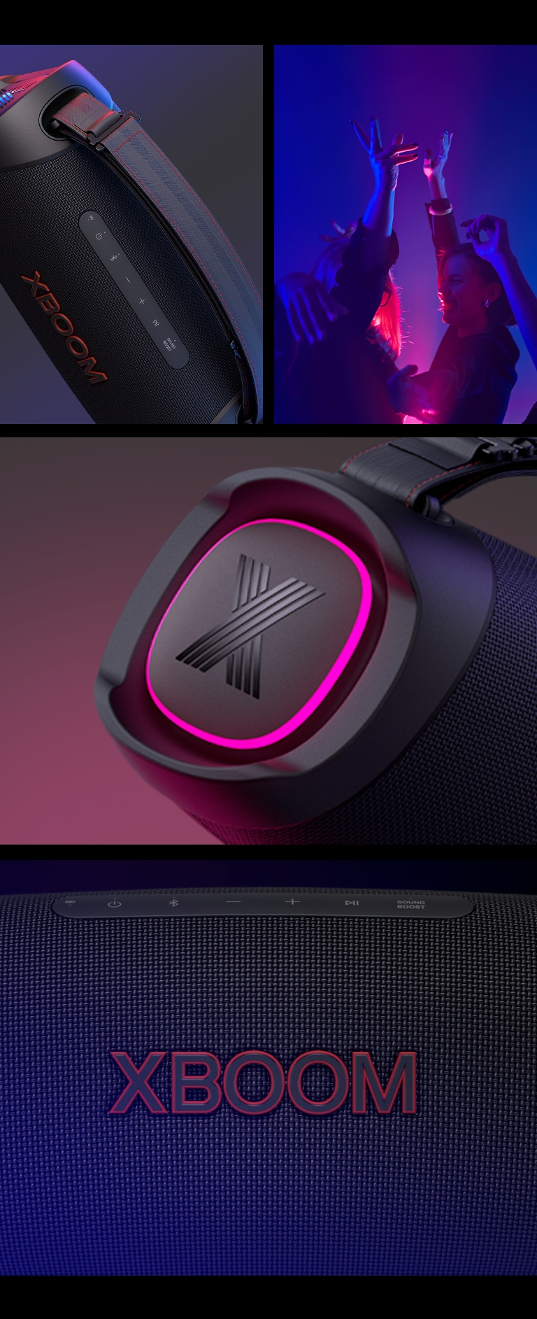 College. From left, close up view of LG XBOOM Go XG8T. Next, an image of people enjoying the music. On the right from top to bottom: close-up view of the speaker with pink lighting and XBOOM logo.