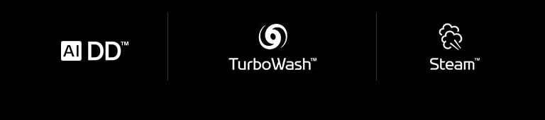 Fila con cuatro íconos de LG que muestran: La marca de AI DD. La marca de TurboWash. La marca de Steam.
