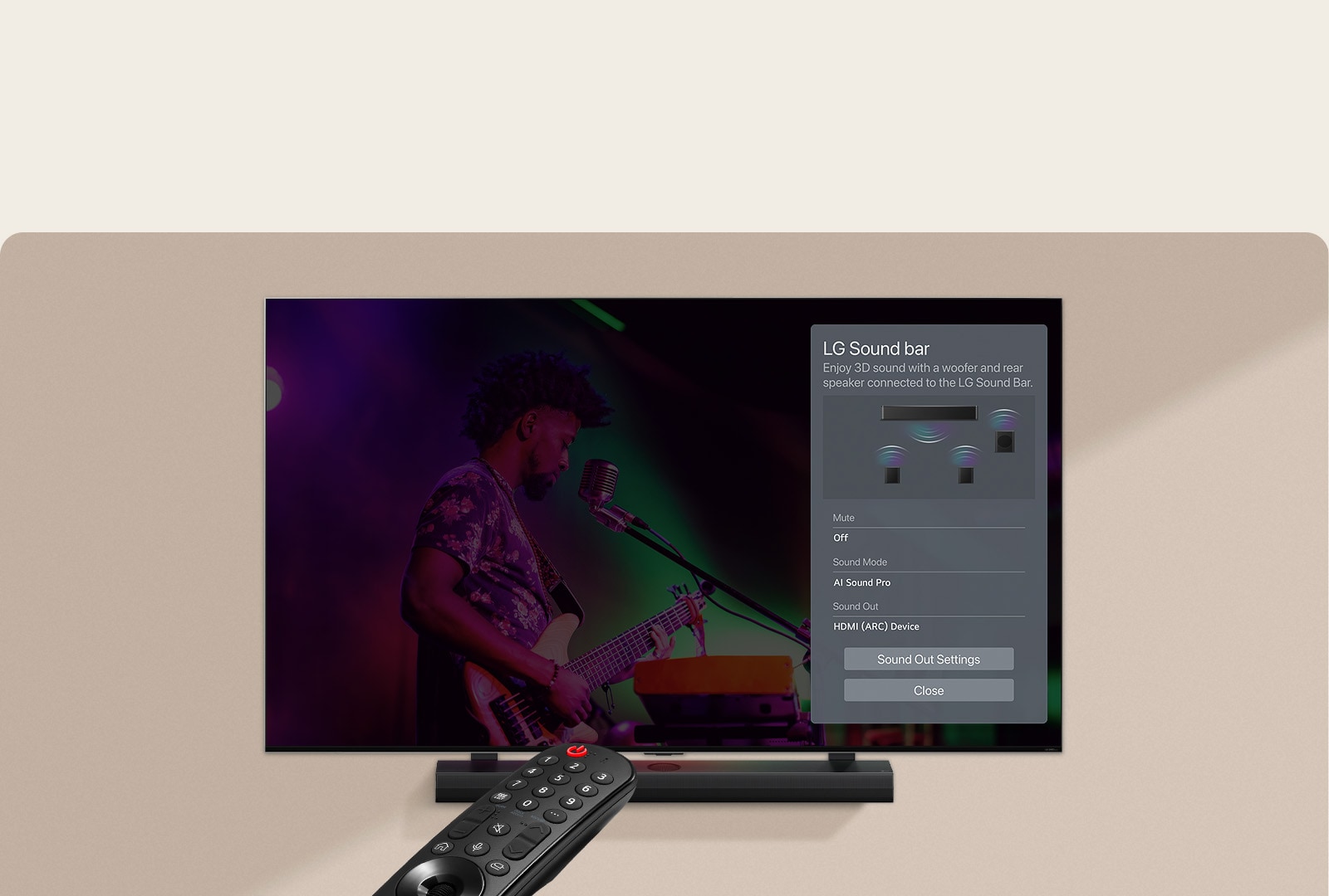 Eine auf einen LG-Fernseher gerichtete Fernbedienung zeigt die Einstellungen auf der rechten Seite des Bildschirms an.