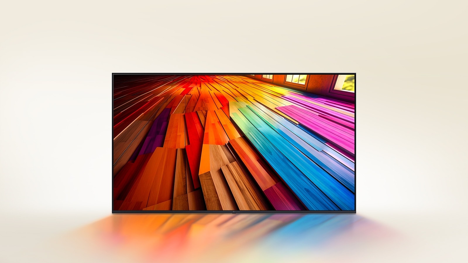 Auf einem LG UHD TV-Gerät sehen wir einen farbenfrohen, langen Parkettboden.