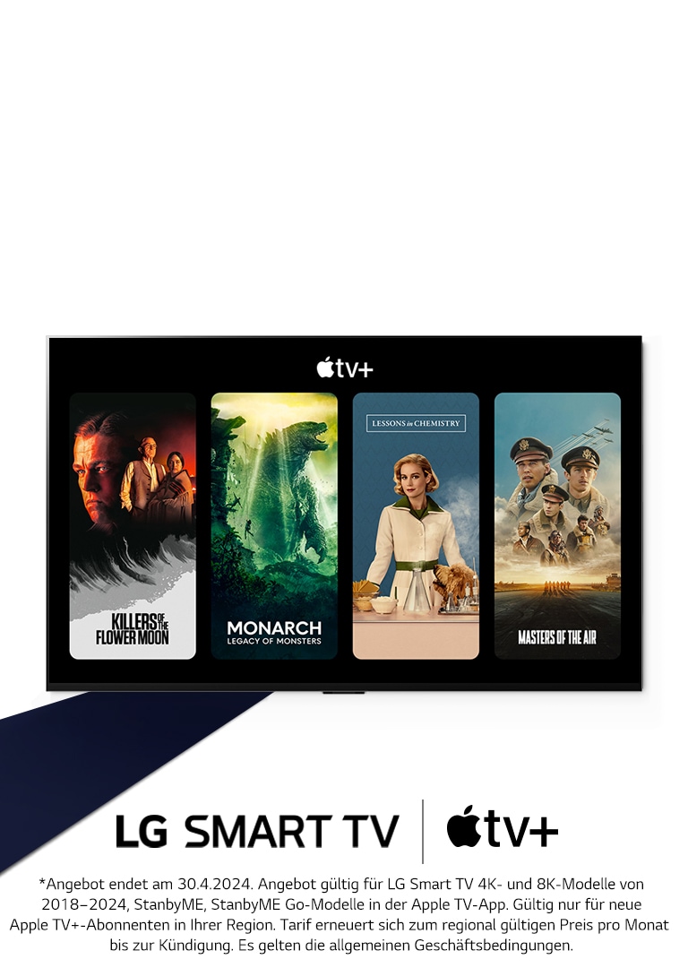 Bild eines LG OLED TVs. Auf dem Bildschirm sind Apple TV+-Inhalte zu sehen und die Überschrift lautet „Jetzt 3 Monate Apple TV+ kostenlos mit LG Smart TVs.“