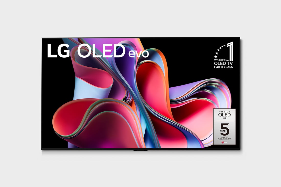 LG 65'' LG OLED TV | OLED65G39LA, Vorderansicht mit dem LG OLED evo „11 Years World No.1“-OLED-Logo und Logo für 5 Jahre Garantie auf das Display auf dem Bildschirm, OLED65G39LA