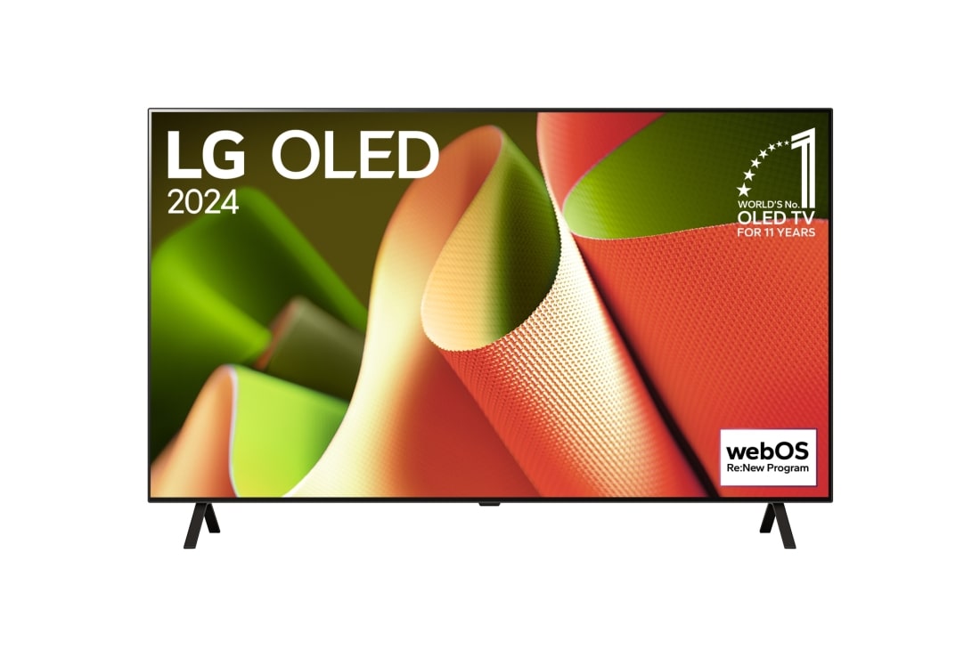 LG 55 Zoll LG OLED B4 4K Smart TV OLED55B4, Frontansicht des LG OLED TV B4, 11 Jahre Nummer 1 Logo und webOS Re:New Programm-Logo auf dem Bildschirm mit 2-poligem Standfuss, OLED55B49LA