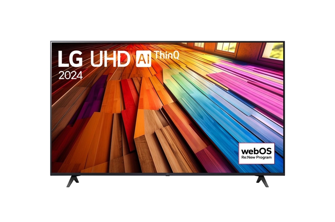LG 55 Zoll 4K LG UHD Smart TV UT80, Vorderansicht des LG UHD TV, UT80 mit Text von LG UHD AI ThinQ und 2024 auf dem Bildschirm, 55UT80006LA