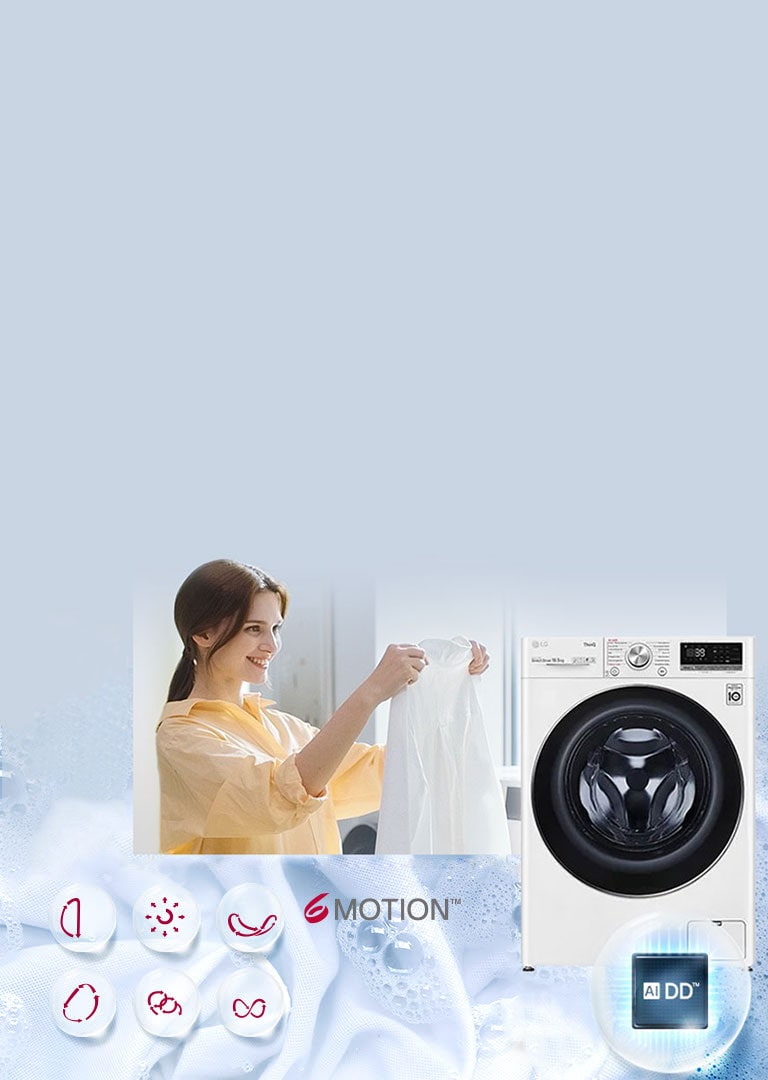 Das Bild zeigt eine lächelnde Frau, die ein sauberes weißes Hemd hochhält. Daneben ist in Vorderansicht eine Waschmaschine von LG zu sehen. Vor der Waschmaschine befindet sich eine Art illuminierter Seifenblase mit dem AI-DD-Logo. Das Hintergrundbild zeigt weiße Wäsche in schaumigem Wasser. Davor befindet sich das SMotion-Logo und darunter sind die 6 Waschbewegungen durch Linien und Pfeile dargestellt.