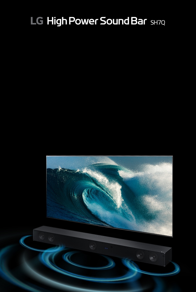  LG TV is placed in infinite space, showing a big wave scene. LG Sound Bar is below the TV. There's a ripple effect under the sound bar.