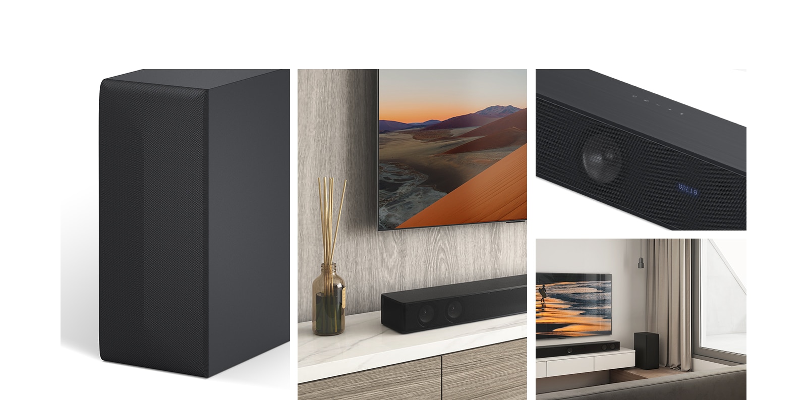 LG SH7Q From left, an image of sub woofer, Close up of LG TV, showing the mountain on the screen and LG Sound Bar below. On the right, from top-bottom: close-up of LG Sound Bar. LG TV, showing a beach at sunset, and LG Sound Bar, sub woofer is placed in the living room.