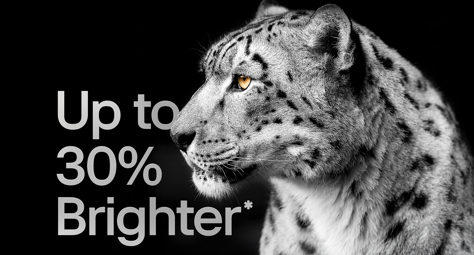 An image of a white leopard showing its side face on the left side of the image. The words "Up to 30% brighter" appear on the left.