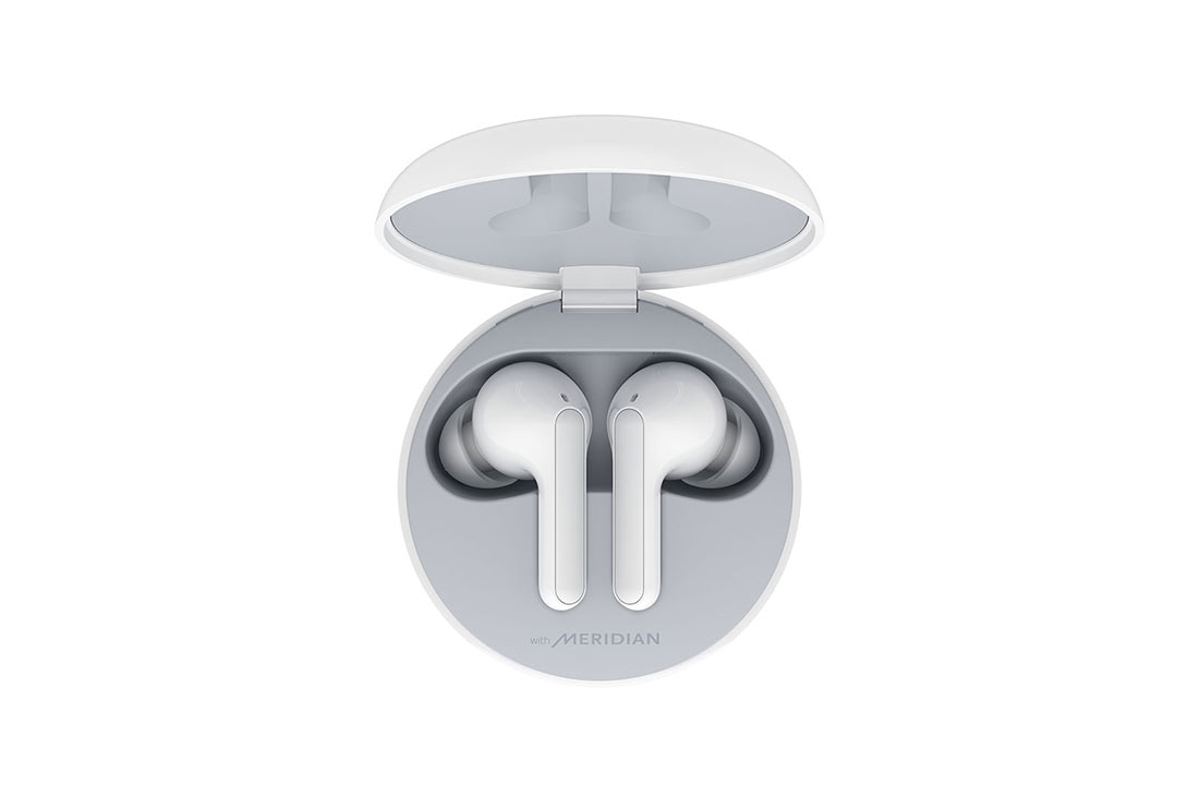 LG TONE Free FN4 Wireless Earbuds, A top view of a cradle opened up and two earbuds inside it, HBS-FN4