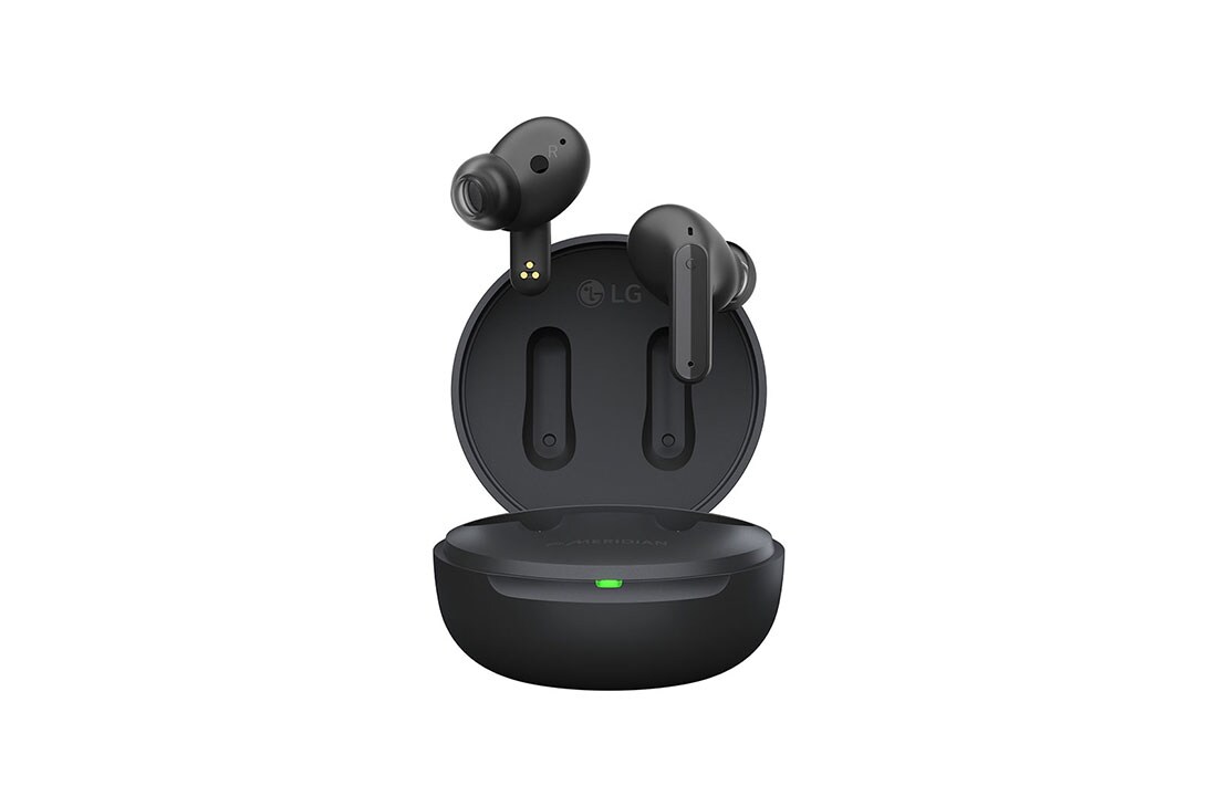 LG TONE Free FP5A Wireless Ear buds with Active Noise Cancellation, Image with earbuds floating over a closed cradle., FP5A