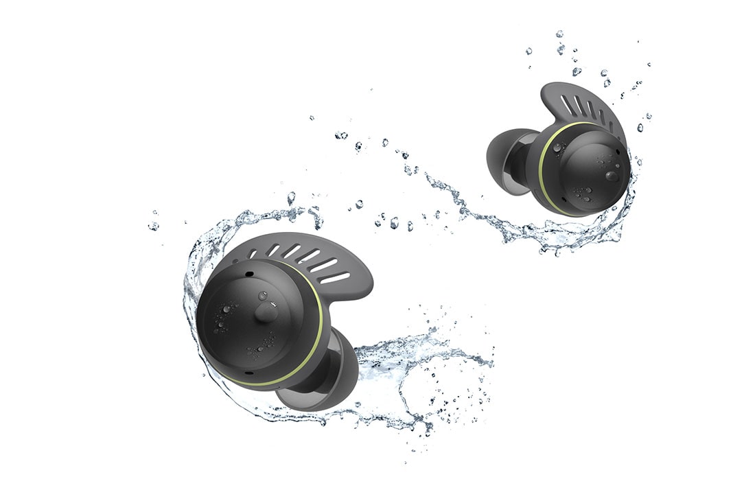 LG TONE Free fit TF8 Waterproof Wireless Earbuds, TONE Free fit earbuds being splashed by water and droplets., TONE-UTF8Q