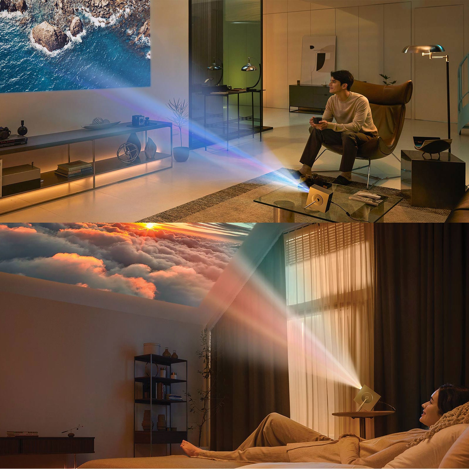 Various usage scenes of LG CineBeam HU710PB - living room and bedroom.	