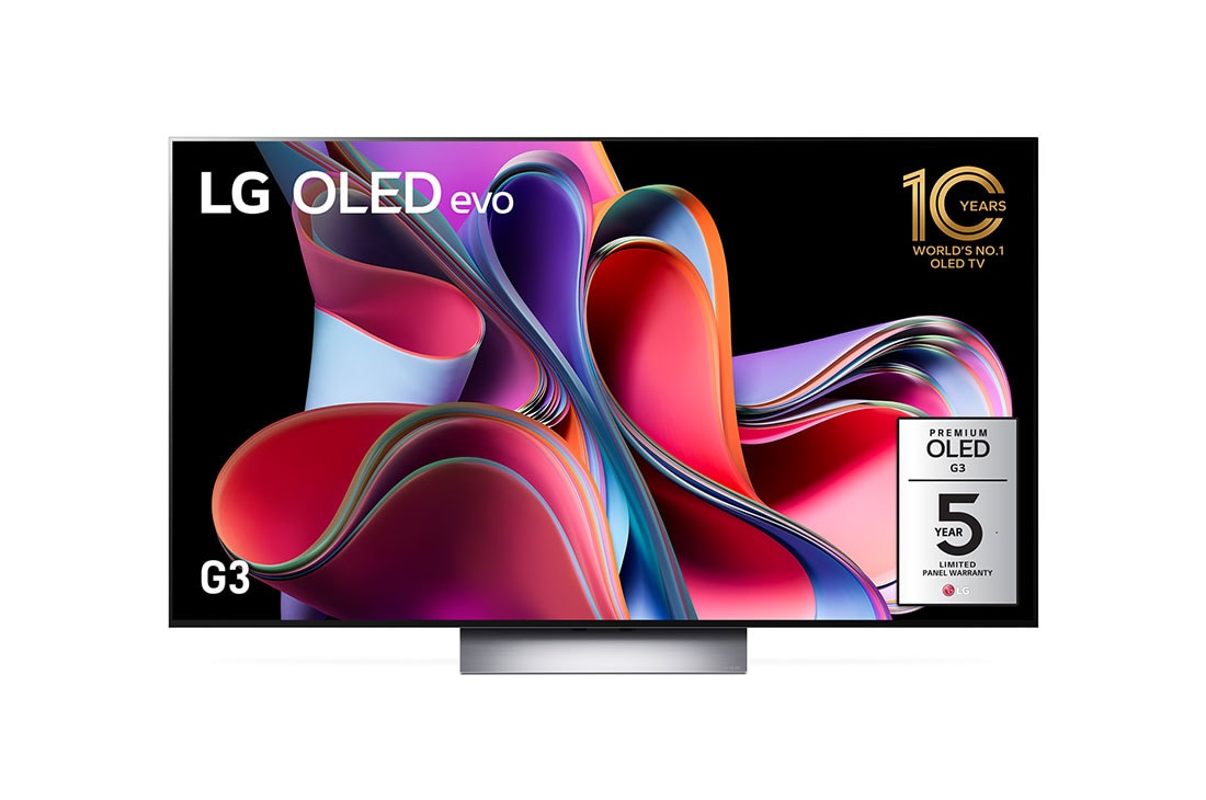 LG G3 83 inch OLED evo TV with Self Lit OLED Pixels, Front view with LG OLED evo, 10 Years World No.1 OLED Emblem, and 5-Year Panel Warranty logo on screen, OLED83G3PSA