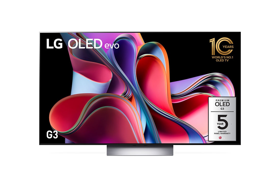LG G3 65 inch OLED evo TV with Self Lit OLED Pixels, Front view with LG OLED evo, 10 Years World No.1 OLED Emblem, and 5-Year Panel Warranty logo on screen, OLED65G3PSA