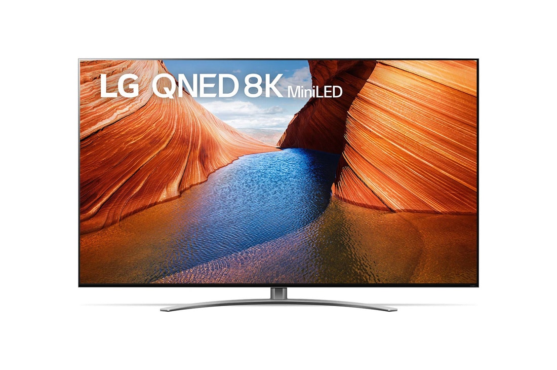 LG QNED99 86 inch 8K Smart QNED TV, A front view of the LG QNED TV with infill image and product logo on, 86QNED99SQB