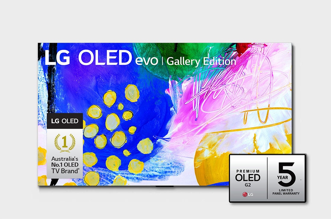 LG OLED evo G2 65 inch 4K Smart TV Gallery Edition with Self Lit OLED Pixels, Front view with LG OLED evo Gallery Edition on the screen, OLED65G2PSA