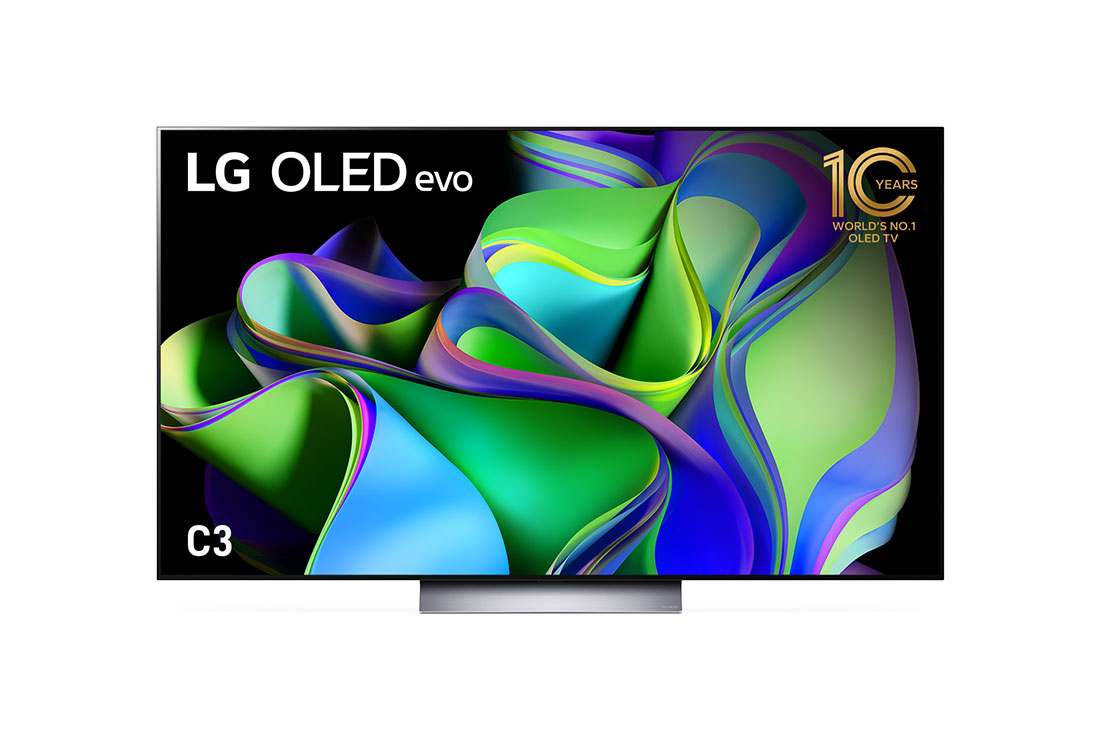 LG OLED Evo C3 65 inch 4K Smart TV Self Lit OLED Pixels, Front view with LG OLED evo and 10 Years World No.1 OLED Emblem on screen, OLED65C3PSA