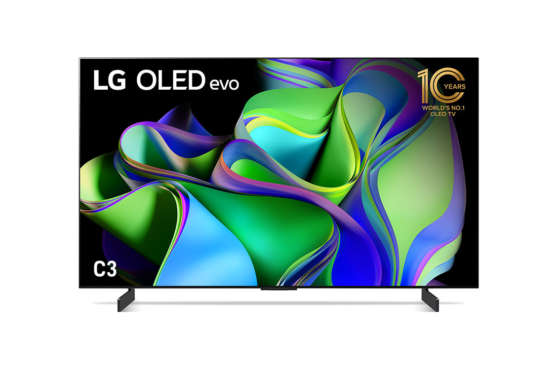 LG OLED Evo C3 42 inch 4K Smart TV Gaming TV with Self Lit OLED Pixels, Front view with LG OLED evo and 10 Years World No.1 OLED Emblem on screen., OLED42C3PSA