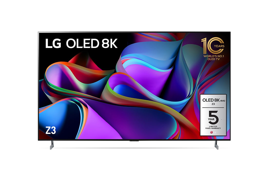 LG OLED evo Z3 77 inch 8K Smart TV Self Lit OLED Pixels, Front view with LG OLED 8K evo, 10 Years World No.1 OLED Emblem, and 5-Year Panel Warranty logo on screen., OLED77Z3PSA
