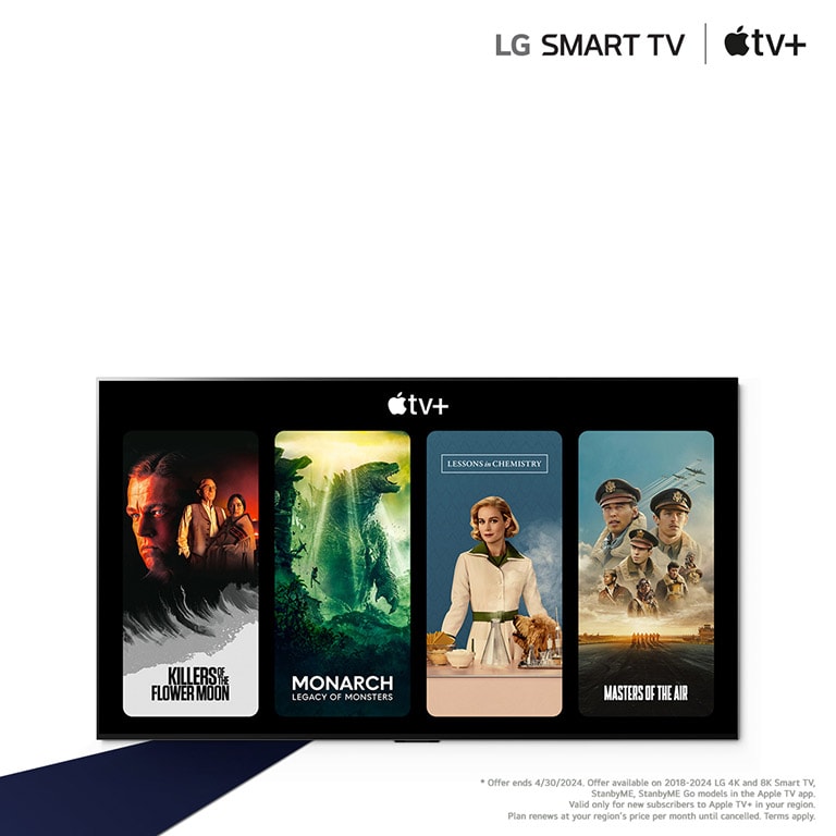 Image d'un téléviseur LG OLED. Le contenu d'Apple TV+ s'affiche à l'écran et le titre est "Get three months of Apple TV+ free with LG Smart TVs" (Trois mois d'Apple TV+ gratuits avec les Smart TV de LG).