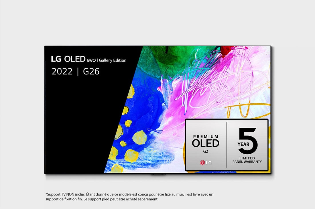 LG 65'' G2 OLED evo Gallery Edition, Vue de face avec LG OLED evo Gallery Edition à l’écran, OLED65G26LA