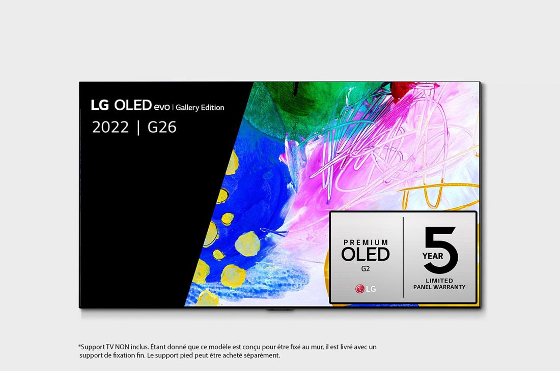 LG 77'' G2 OLED evo Gallery Edition, Vue de face avec LG OLED evo Gallery Edition à l’écran, OLED77G26LA