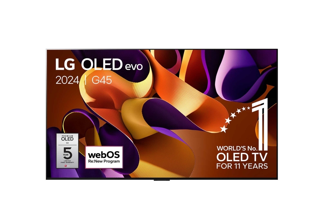 LG 65 pouces LG OLED evo G4 4K Smart TV OLED65G4, Vue de face avec LG OLED evo TV, OLED G4, l'emblème OLED 11 ans numéro 1 mondial et le logo de la garantie de 5 ans sur l'écran, OLED65G45LW