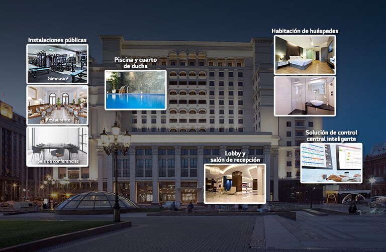 Imagen de un hotel con miniaturas de instalaciones públicas, piscina, habitación de huéspedes, vestíbulo y centro de control.