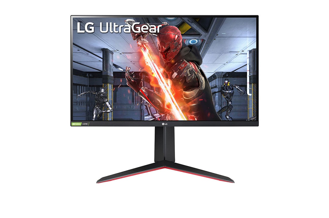 LG 27” UltraGear™ Full HD IPS 1ms (GtG) Gaming Monitor with NVIDIA® G-SYNC® Compatible, front view, 27GN65R-B