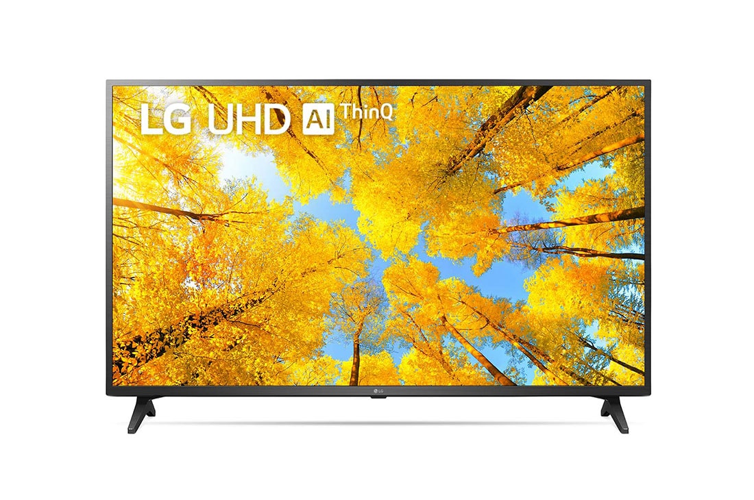 LG Pantalla LG UHD AI ThinQ 50'' UQ74 4K Smart TV, Una vista frontal del televisor LG UHD con la imagen de relleno y el logotipo del producto encima, 50UQ7400PSF