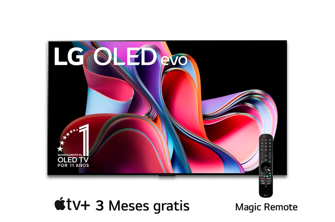 LG Pantalla LG OLED evo 77'' G3 4K SMART TV con ThinQ AI, Vista frontal con LG OLED evo, la frase: El mejor OLED del mundo por 10 años , OLED77G3PSA