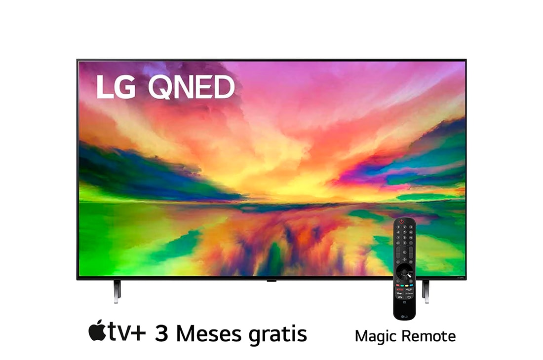 LG Pantalla LG QNED 75'' QNED80 4K SMART TV con ThinQ AI , Una vista frontal del televisor LG QNED con una imagen de relleno y el logotipo del producto en, 75QNED80SRA