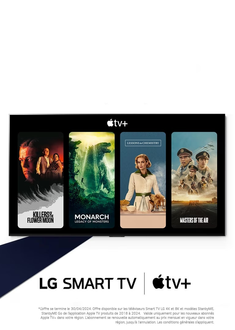 Une image de la TV OLED de LG. Les contenus d’Apple TV+ figurent à l’écran, ainsi que le titre « Profitez de 3 mois d’abonnement gratuit à Apple TV+ avec LG Smart TV. »